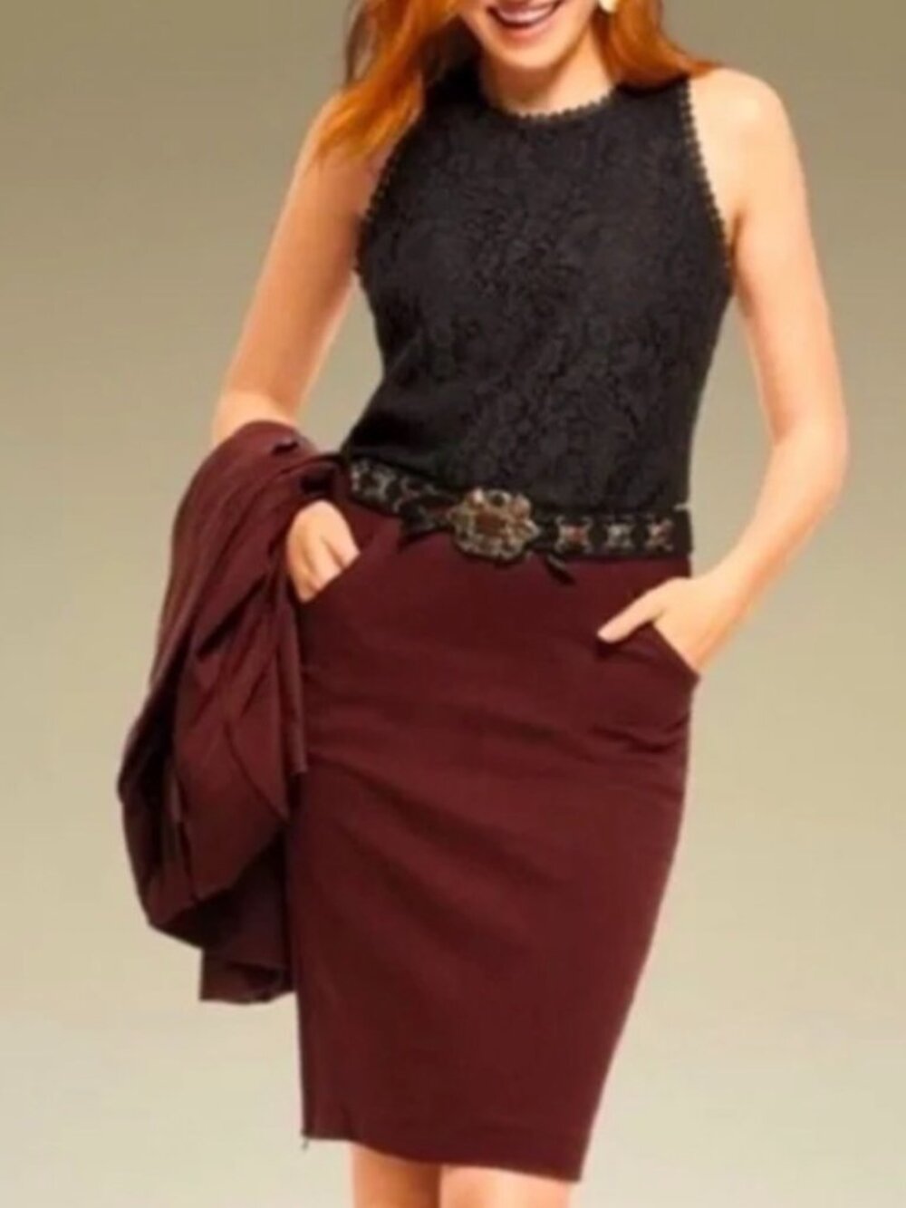 CAbi Boss Pencil Skirt  Currant Burgundy Size 6
